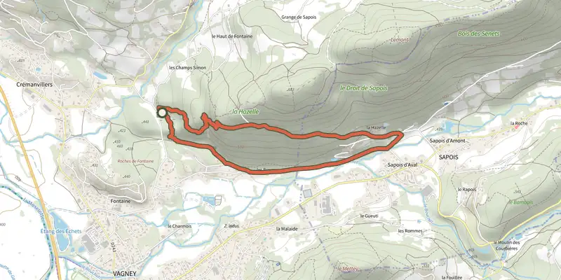 Map of the Circuit des Balcons de la Hazelle par le chemin des Savoyards track on the IGN map, with the start and numbered waypoints