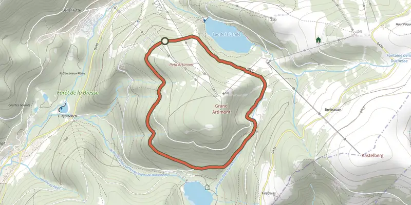 Carte du tracé de Tour d’Artimont sur le Plan IGN, départ et points de passage numérotés