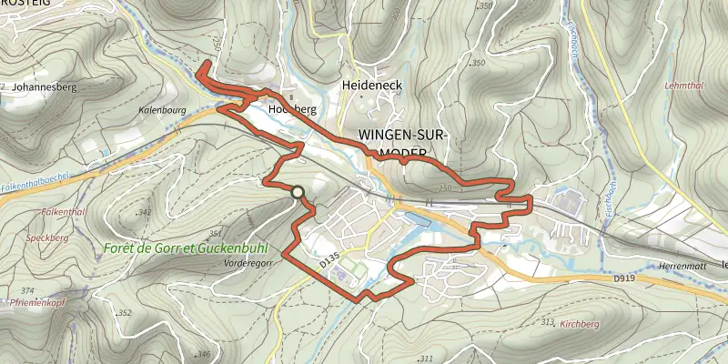 Map of the Sentier des Verriers Wingen-sur-Moder track on the IGN map, with the start and numbered waypoints