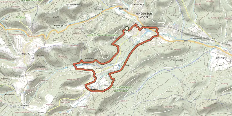 Carte du tracé de Circuit Wingen - Zittersheim sur le Plan IGN, départ et points de passage numérotés