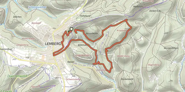 The Sentier des grottes track on the IGN map