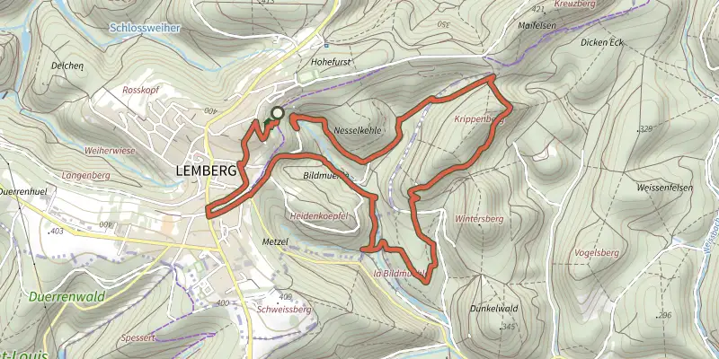 Map of the Sentier des grottes track on the IGN map, with the start and numbered waypoints