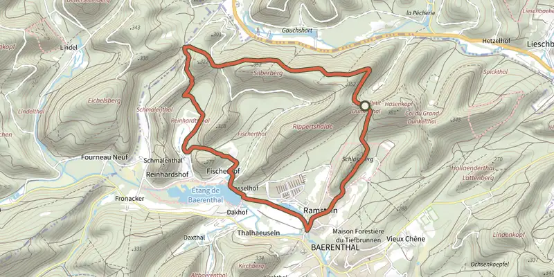 Carte du tracé de Green ring sur OpenTopoMap, départ et points de passage numérotés