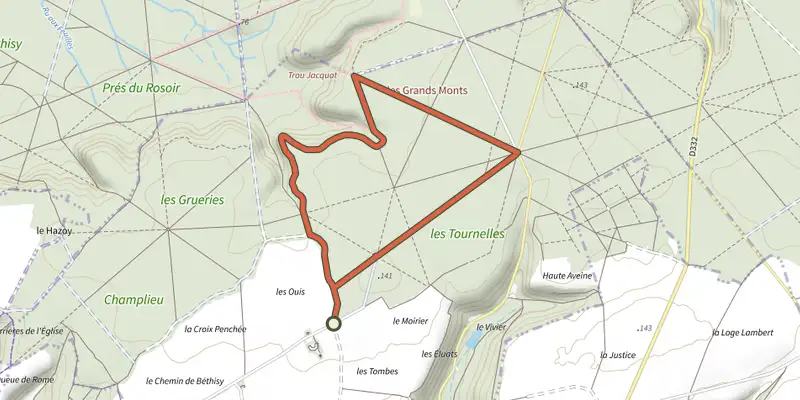 Map of the Promenade des Chars Romains et Chars de Combat track on OpenTopoMap, with the start and numbered waypoints