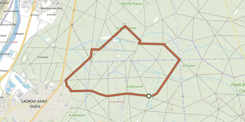 Carte du tracé de Du Puits du Roi au Vivier Corax sur le Plan IGN, départ et points de passage numérotés