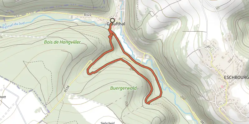 Carte du tracé de Circulaire du Schiertorfelsen sur le Plan IGN, départ et points de passage numérotés