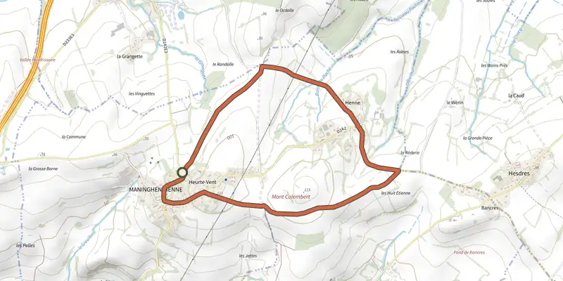 Carte du tracé de Le Rendal sur le Plan IGN, départ et points de passage numérotés