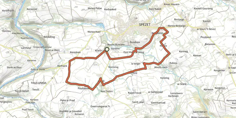 Map of the Le Bocage : Kerniou-Kerguen track on the IGN map, with the start and numbered waypoints