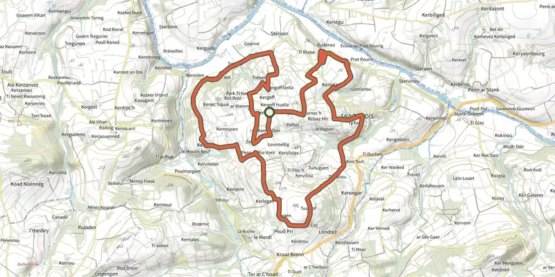 Map of the Les trois vallées track on the IGN map, with the start and numbered waypoints