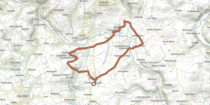 Carte du tracé de Collorec : Les passerelles sur le Plan IGN, départ et points de passage numérotés