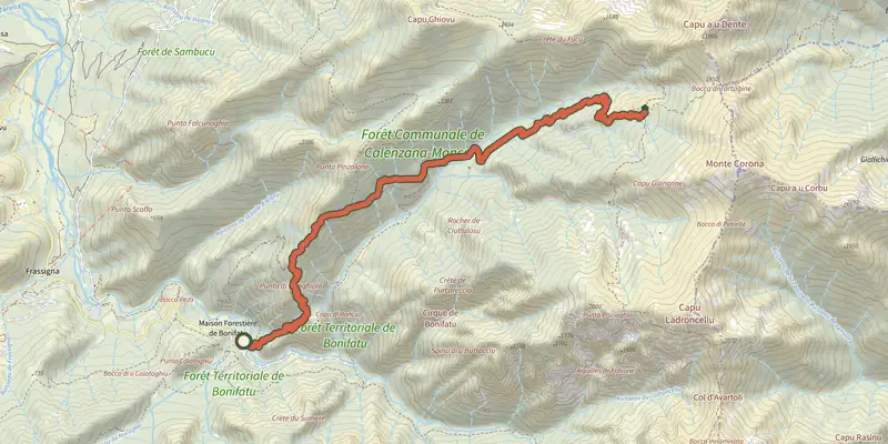 Carte du tracé de Chemin de Pinzu a Stramba - Refuge D'Ortu di u Piobbu sur le Plan IGN, départ et points de passage numérotés