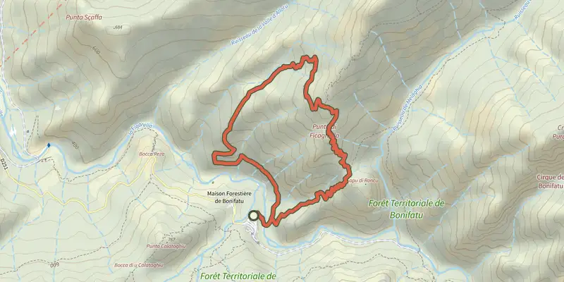 Carte du tracé de Boucle de Finochi sur le Plan IGN, départ et points de passage numérotés