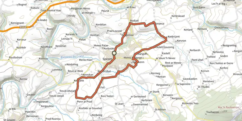 Carte du tracé de Tro Speied : le bocage sur le Plan IGN, départ et points de passage numérotés