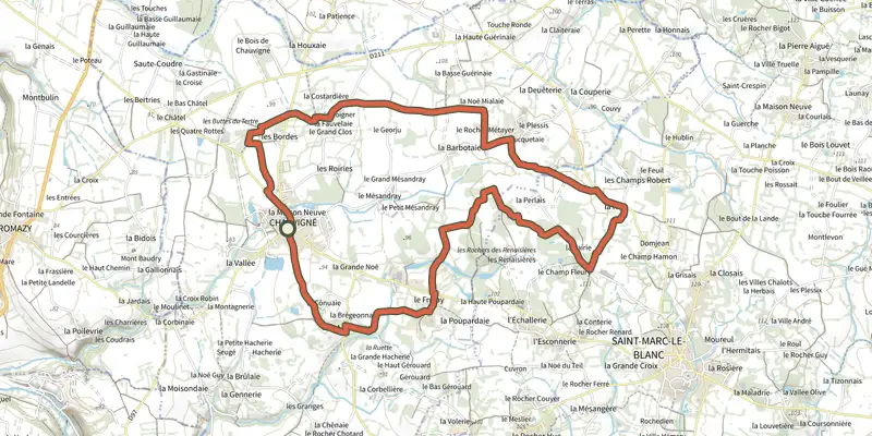 Map of the Circuit des Rochers track on the IGN map, with the start and numbered waypoints