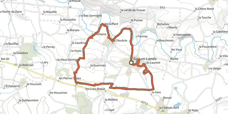 Map of the Circuit des Asphodèles track on the IGN map, with the start and numbered waypoints