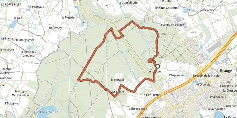 Carte du tracé de Circuit des Verrières sur le Plan IGN, départ et points de passage numérotés