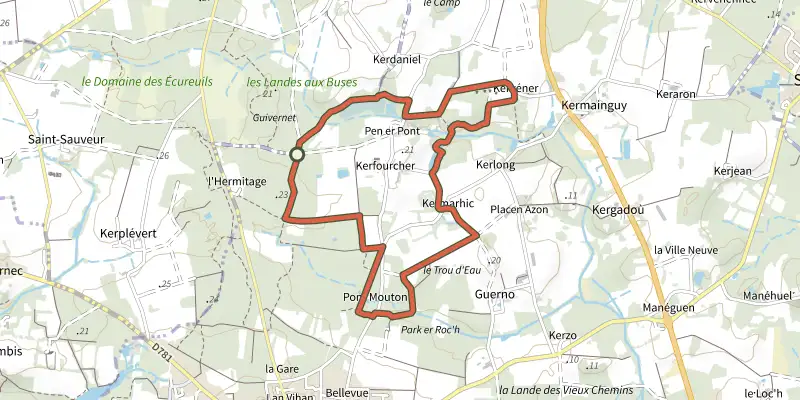 Carte du tracé de Circuit des sous-bois de Saint-Fiacre sur le Plan IGN, départ et points de passage numérotés