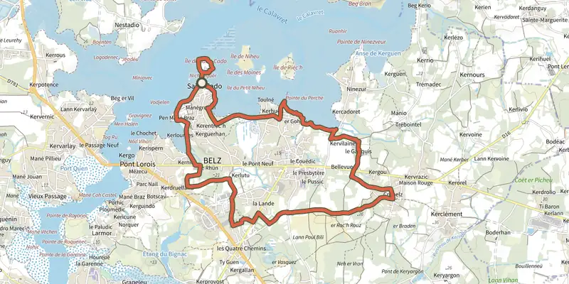 Carte du tracé de Etre douar ar mor sur le Plan IGN, départ et points de passage numérotés