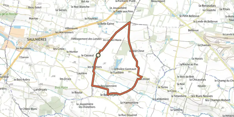 Map of the Circuit des Charmes track on the IGN map, with the start and numbered waypoints