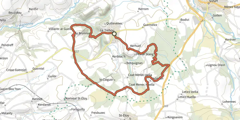 Carte du tracé de Circuit de Roc'h Gad sur le Plan IGN, départ et points de passage numérotés