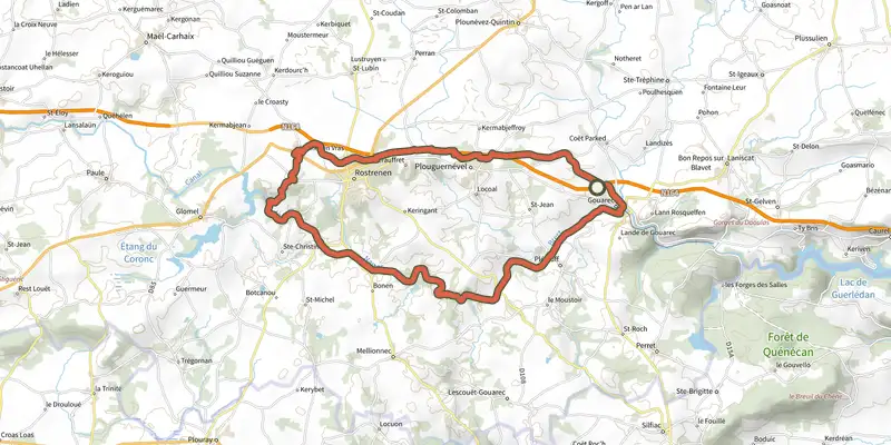 Map of the Entre train et péniche track on the IGN map, with the start and numbered waypoints