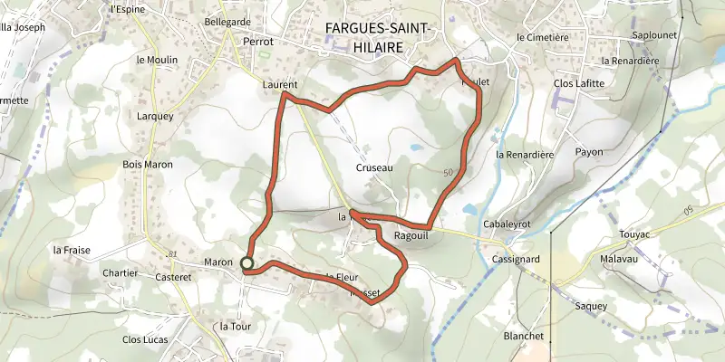 Map of the Fargues-Saint-Hilaire : boucle locale track on the IGN map, with the start and numbered waypoints