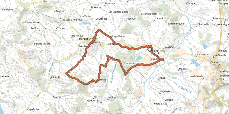 Map of the Monbahus, autour de la butte de la vierge track on the IGN map, with the start and numbered waypoints