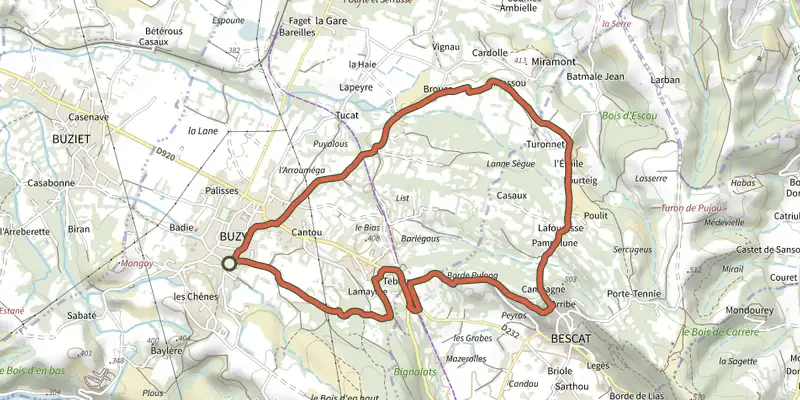 Map of the Tour du dolmen track on the IGN map, with the start and numbered waypoints