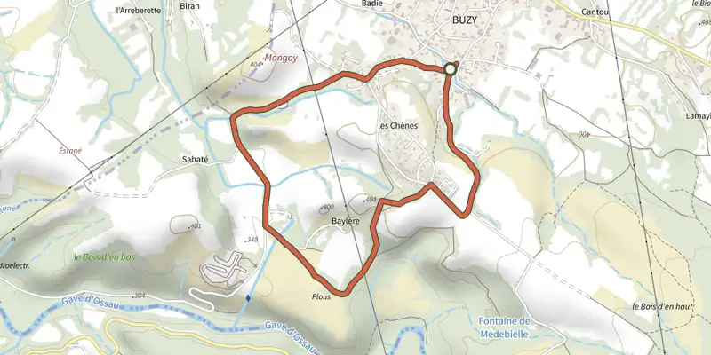 Carte du tracé de Les chênes sur le Plan IGN, départ et points de passage numérotés