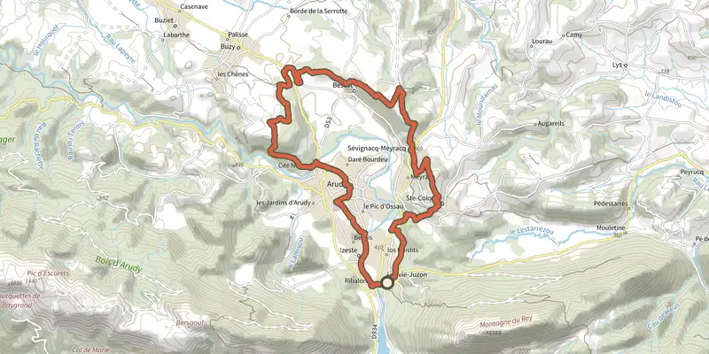 Map of the Le tour du bassin d'Arudy track on the IGN map, with the start and numbered waypoints