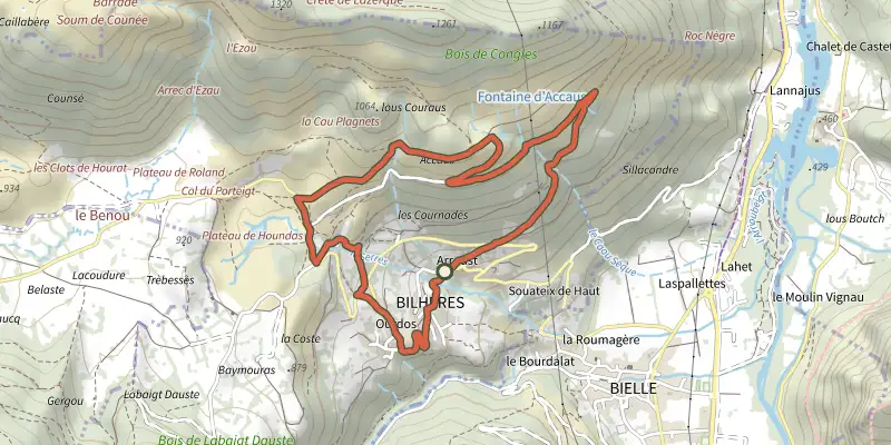 Carte du tracé de Les cercles de pierre (Bilhères) sur le Plan IGN, départ et points de passage numérotés