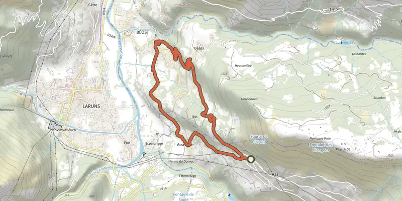 Carte du tracé de La promenade des trois villages sur le Plan IGN, départ et points de passage numérotés