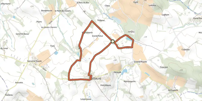 Map of the Ségalas, la balade familiale du Grand Champ track on the IGN map, with the start and numbered waypoints