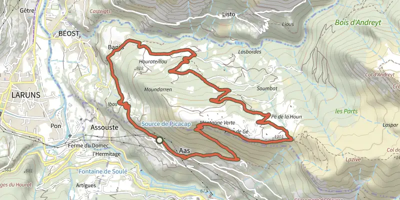 Carte du tracé de La montagne verte sur le Plan IGN, départ et points de passage numérotés