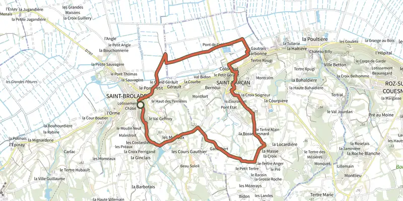 Map of the Les Deux Vallées track on the IGN map, with the start and numbered waypoints