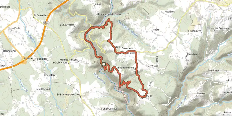 Map of the Saint-Jean-du-Desert track on the IGN map, with the start and numbered waypoints