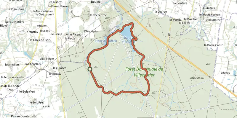 Map of the La Croix de Montaugé track on the IGN map, with the start and numbered waypoints