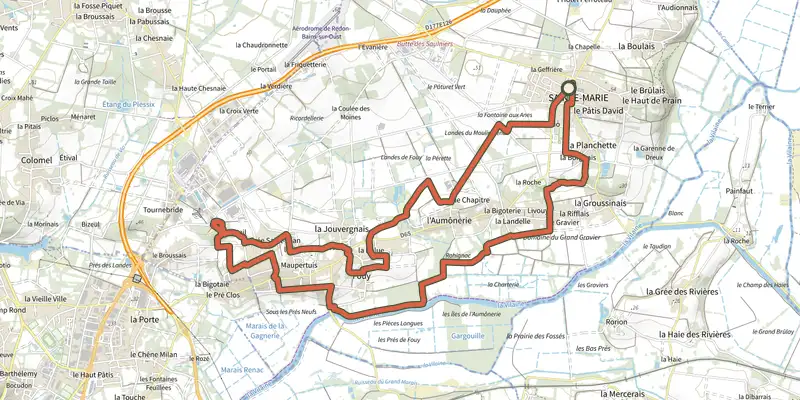 Map of the Les Ardoisières track on the IGN map, with the start and numbered waypoints