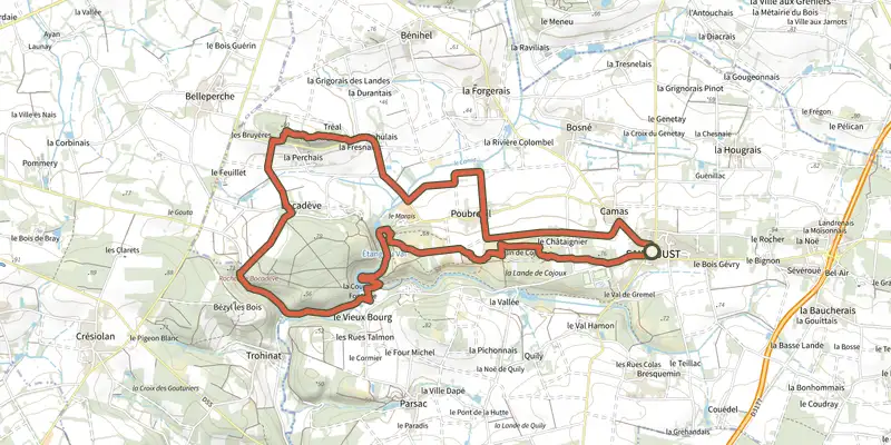 Map of the Les Fées de Tréal track on the IGN map, with the start and numbered waypoints