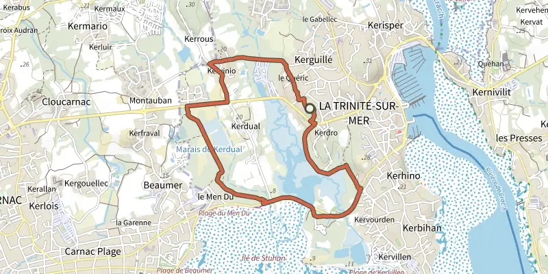 Carte du tracé de Circuit des Marais sur le Plan IGN, départ et points de passage numérotés