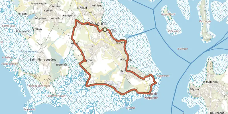 Carte du tracé de Entre golfe et océan sur le Plan IGN, départ et points de passage numérotés