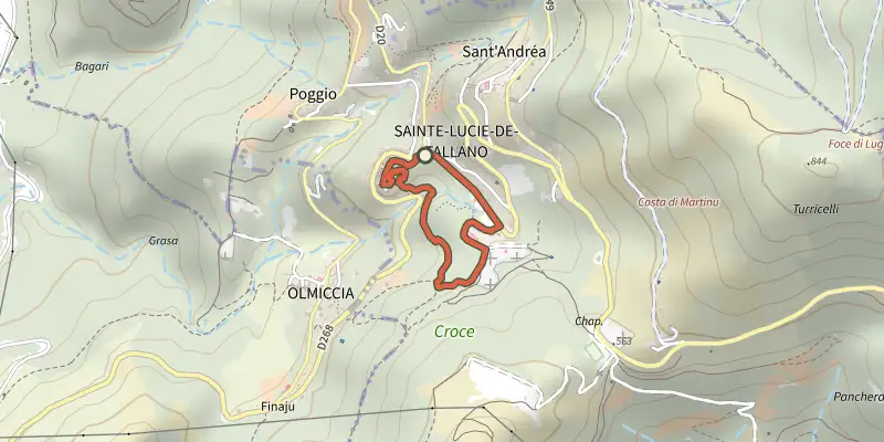 Map of the Balade de la Vielle Ville de Sainte-Lucie-de-Tallano au Couvent track on the IGN map, with the start and numbered waypoints