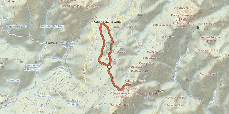 Carte du tracé de Col de Bavella<->Trou de la Bombe sur le Plan IGN, départ et points de passage numérotés
