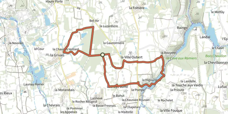 Map of the La Higourdais track on the IGN map, with the start and numbered waypoints