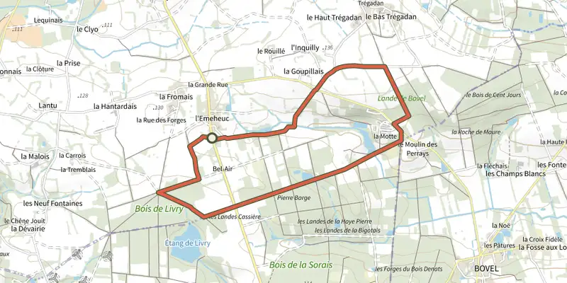 Carte du tracé de Circuit de L'Emeheuc sur le Plan IGN, départ et points de passage numérotés