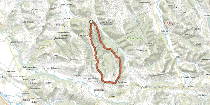 Carte du tracé de Entre bois et panoramas sur le Plan IGN, départ et points de passage numérotés