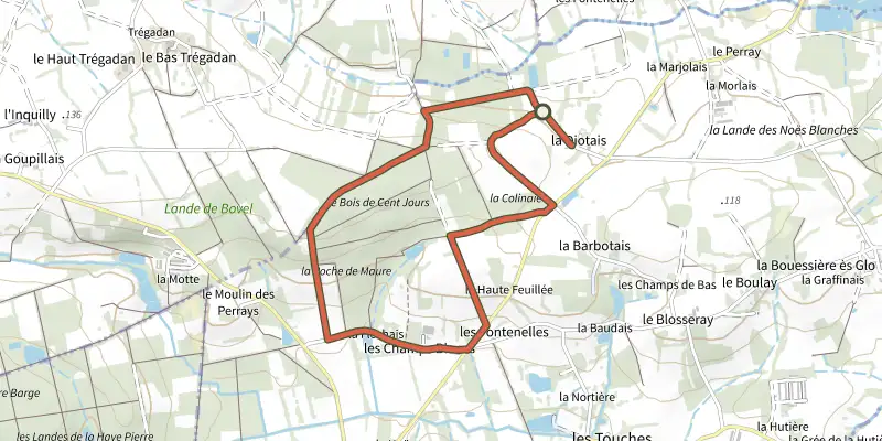 Map of the Circuit du Bois de Cent jours track on the IGN map, with the start and numbered waypoints