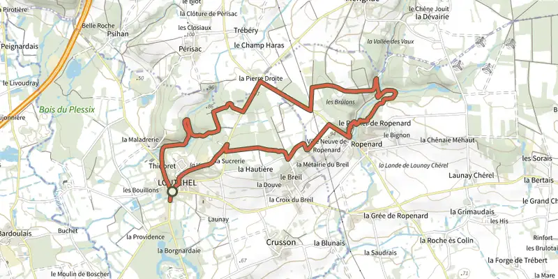 Map of the La Vallée de Ropenard track on the IGN map, with the start and numbered waypoints