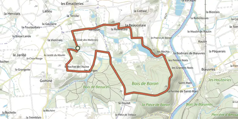 Map of the Circuit de l'étang et du bois de Baron track on the IGN map, with the start and numbered waypoints