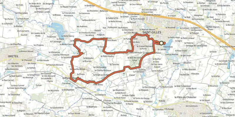 Map of the Cacé et Vaurouil track on the IGN map, with the start and numbered waypoints